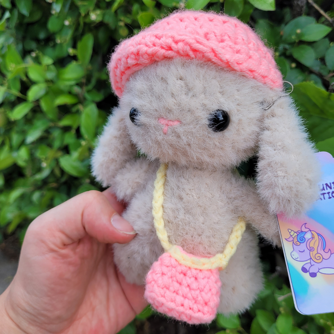 Fuzzy Amigurumi Bunny with Hat and Bag - Handmade Crochet Plush Toy