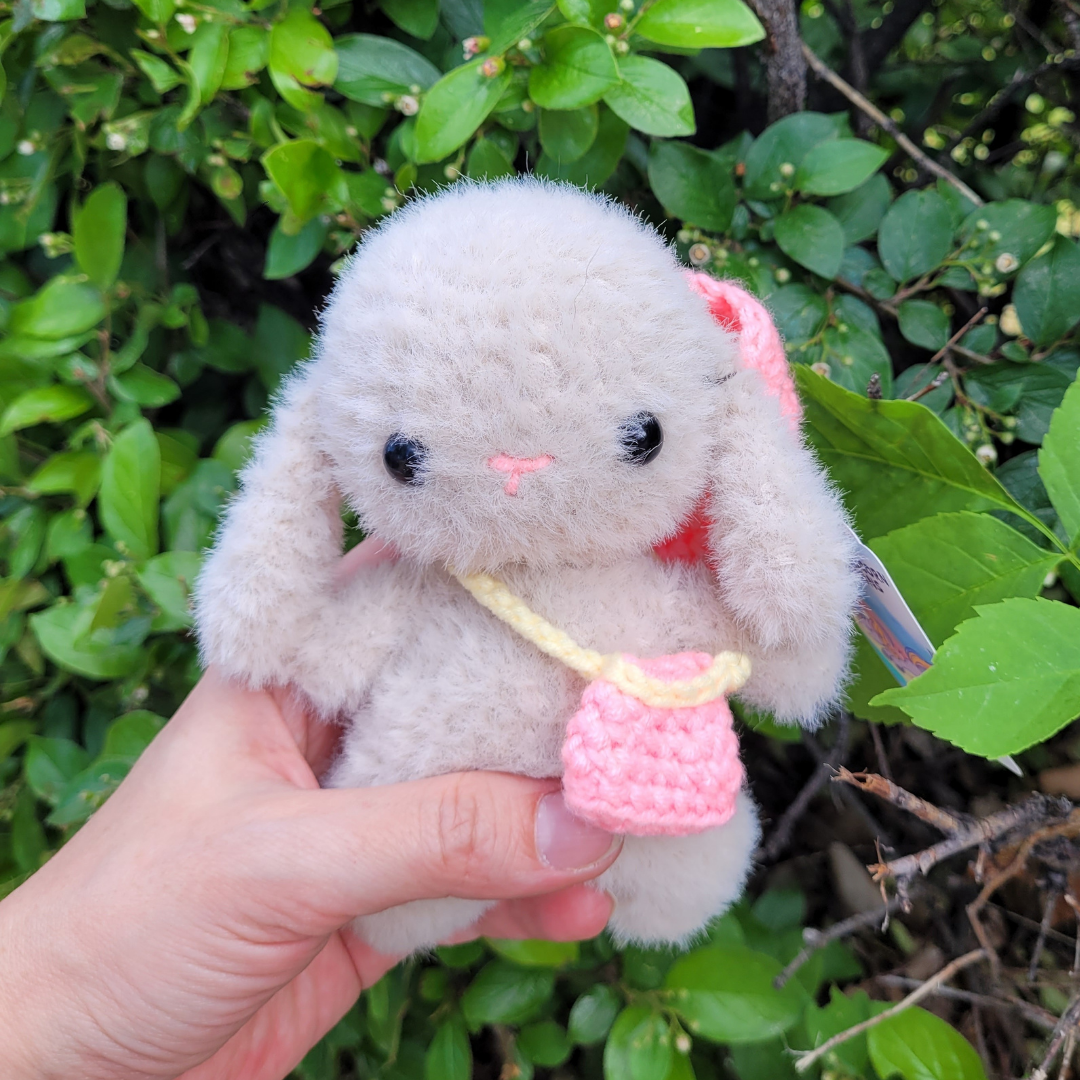 Fuzzy Amigurumi Bunny with Hat and Bag - Handmade Crochet Plush Toy