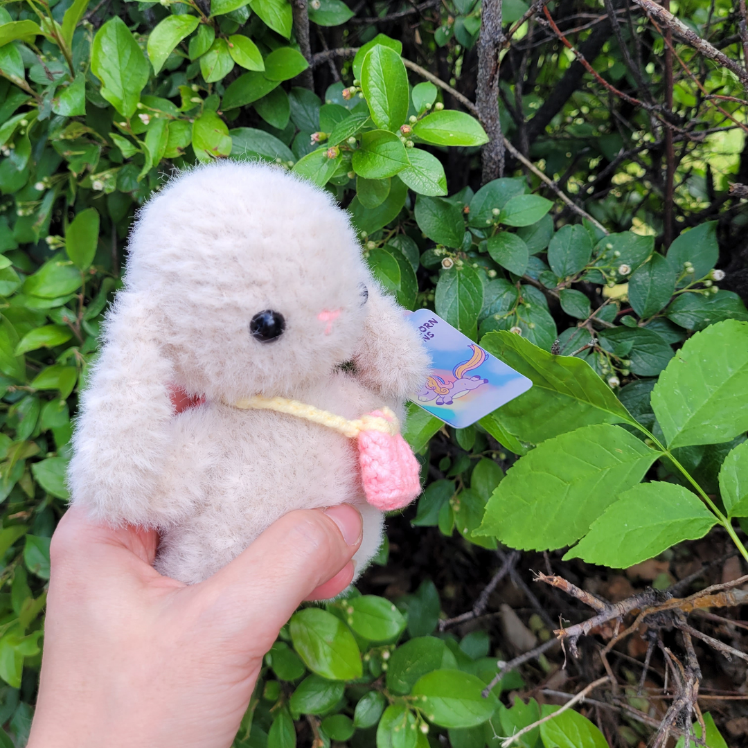 Fuzzy Amigurumi Bunny with Hat and Bag - Handmade Crochet Plush Toy