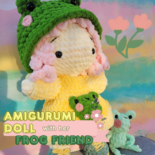 Amigurumi Doll in Frog-Inspired Outfit with Frog Friend - Handmade Crochet Plush Set