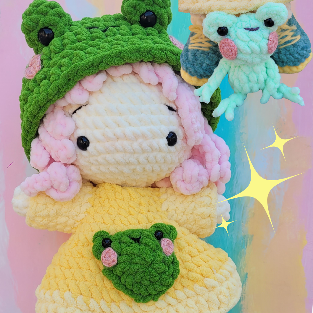 Amigurumi Doll in Frog-Inspired Outfit with Frog Friend - Handmade Crochet Plush Set