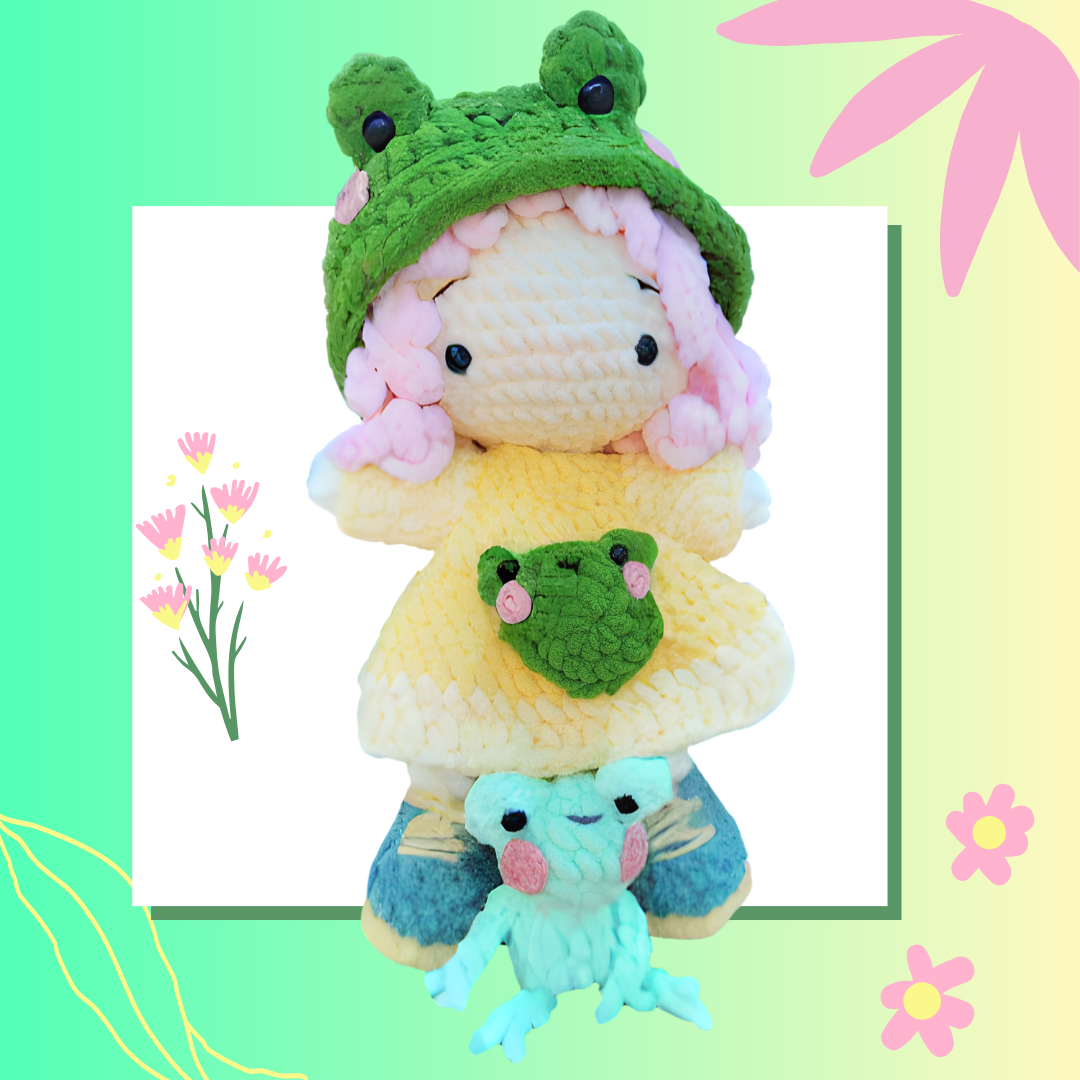 Amigurumi Doll in Frog-Inspired Outfit with Frog Friend - Handmade Crochet Plush Set