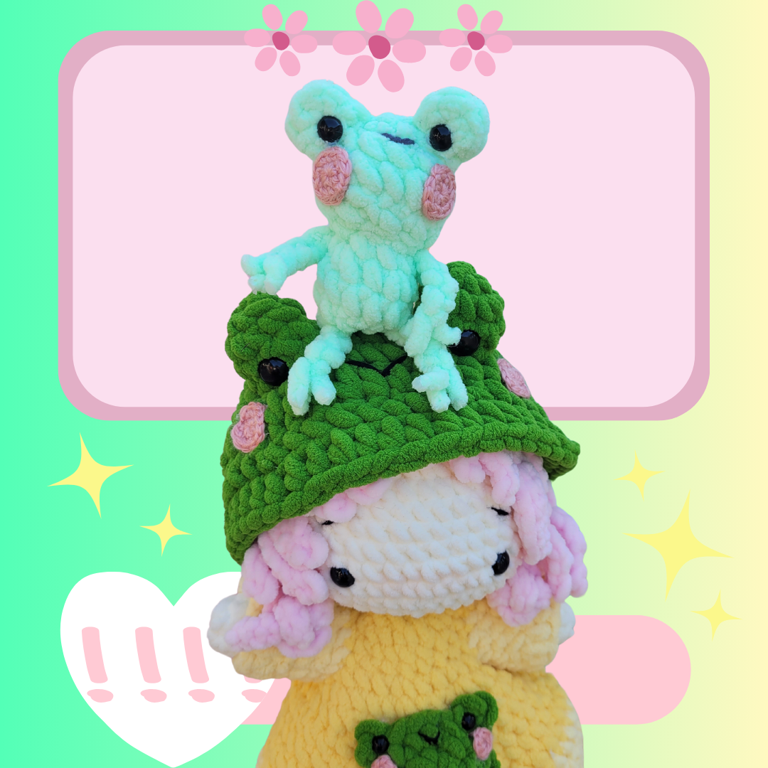 Amigurumi Doll in Frog-Inspired Outfit with Frog Friend - Handmade Crochet Plush Set