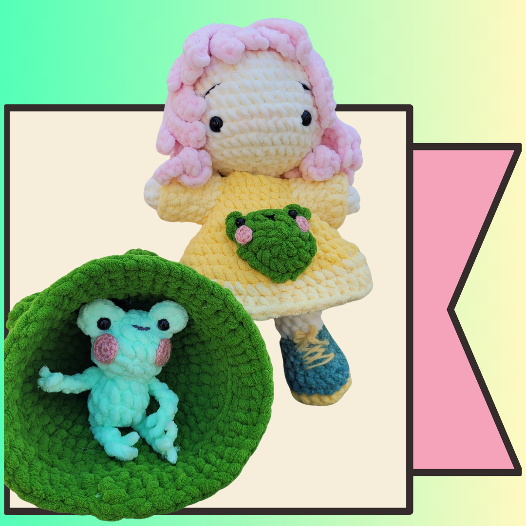 Amigurumi Doll in Frog-Inspired Outfit with Frog Friend - Handmade Crochet Plush Set