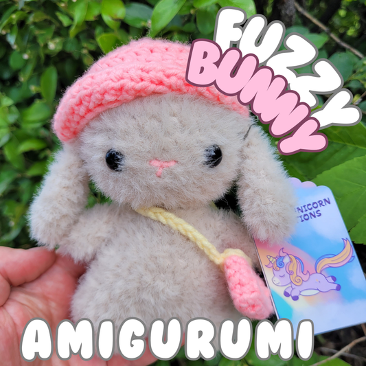 Fuzzy Amigurumi Bunny with Hat and Bag - Handmade Crochet Plush Toy
